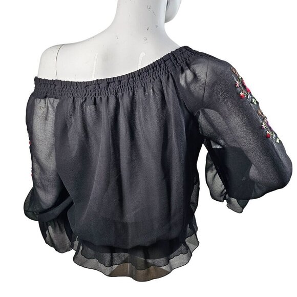 Jonathan Martin Embroidered Off Shoulder Gypsy Blouse Top Women M/L Sheer Black - Picture 2 of 9